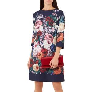Hobbs London Anoushka Navy Multicolor Floral Print 3/4 Sleeve Shift Dress Size 4